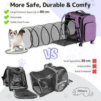 Rolling Cat Carrier with Wheels Dog Carrier for Small Dogs & Medium Cats, Expandable Pet Carrier on Wheels with Cat Play Tunnel, Large Capacity, Breathable Mesh, Side Pocket, Purple