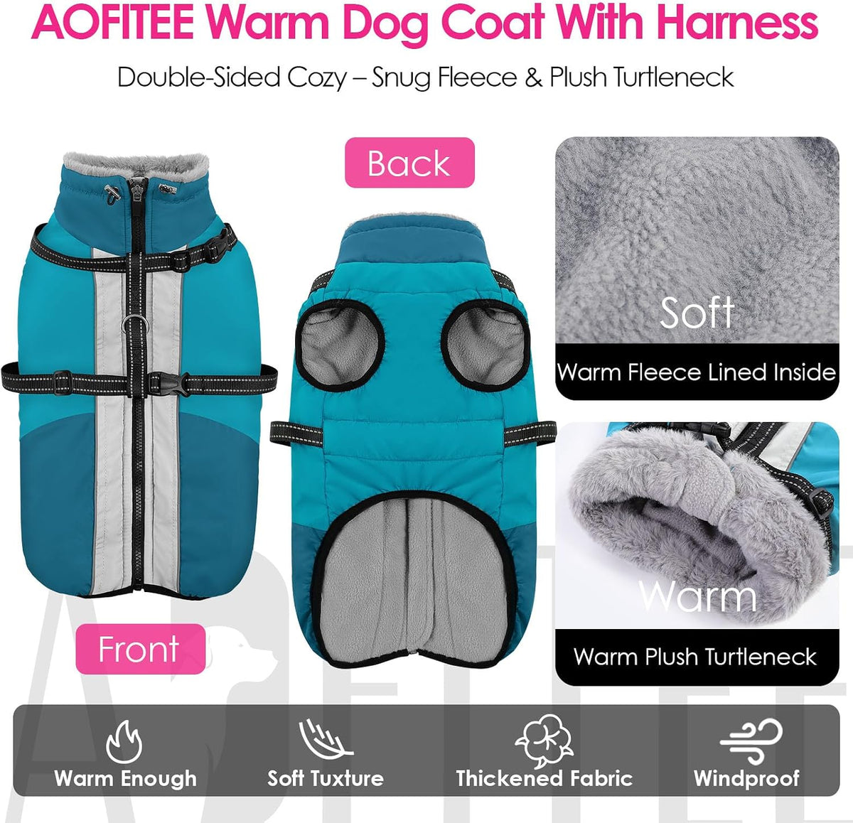 Large Dog Coat Waterproof Dog Winter Jacket with Harness TurquoiseL – Essentials for Dogs - PineGreen / XX-Large - image 2