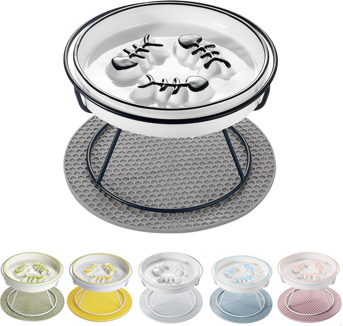 Ceramic Elevated Slow Feeder Cat Bowl, Anti Vomit - Black