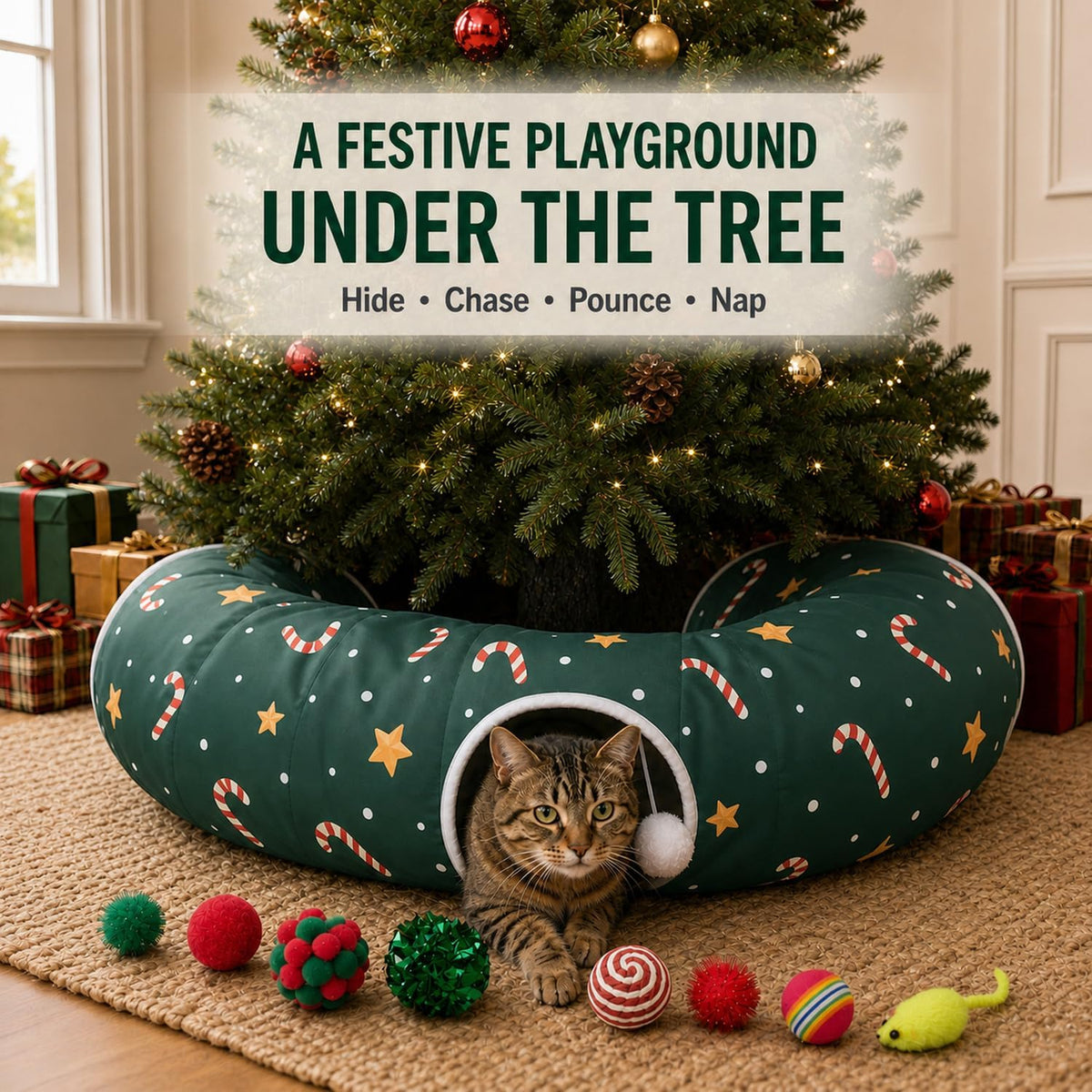 LUCKITTY Christmas cat tunnel bed with hanging ball and star pattern - view 2