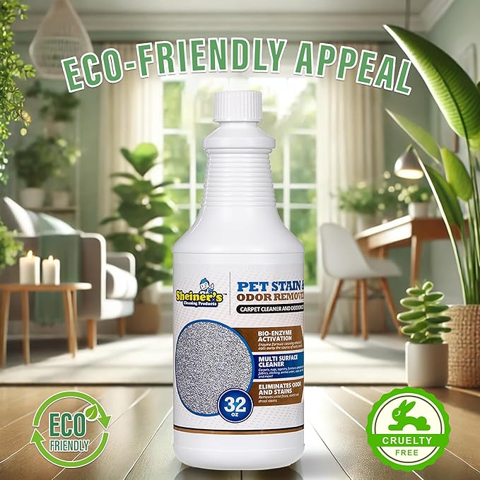 Sheiner's Pet Stain Remover & Pet Odor Eliminator, Advanced Cleaning Bio-Enzyme Cleaner Solution for Carpets, Rugs, Upholstery & Multi-Surfaces, Safe for Pets & Kids. (32 oz)