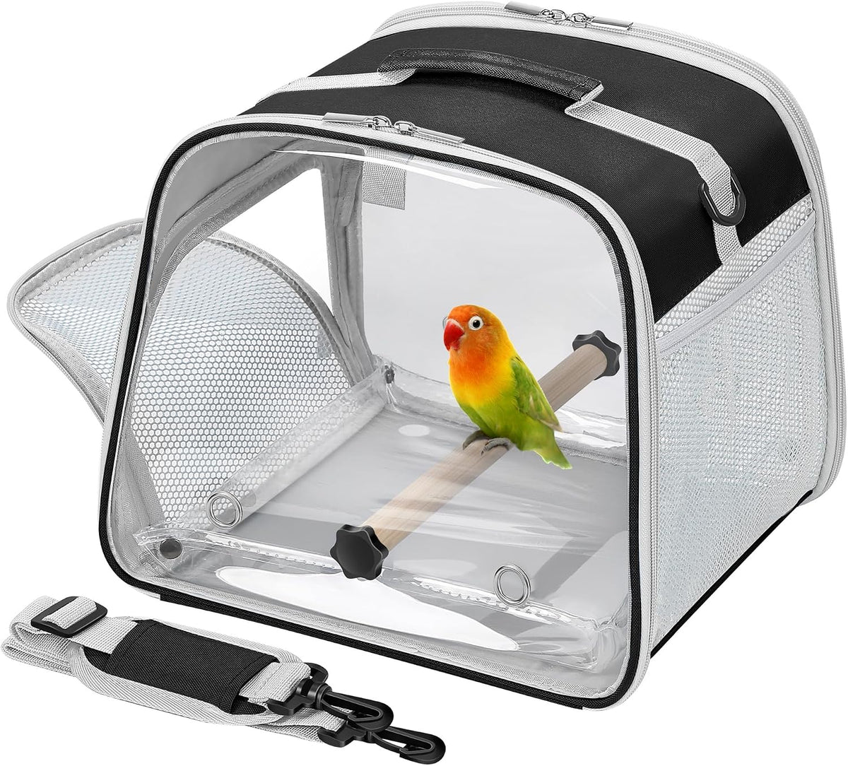 Small Bird Carrier, Large Window Travel Cage with Stand and Easy Clean Tray for Parrot Parakeet - Black