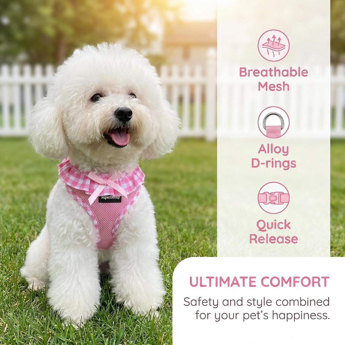 SuperBuddy Upgraded Soft Mesh Dog Harness - S (Neck Girth 11"; Chest Girth: 12"-16") / Adorable Pink-2 - image 4