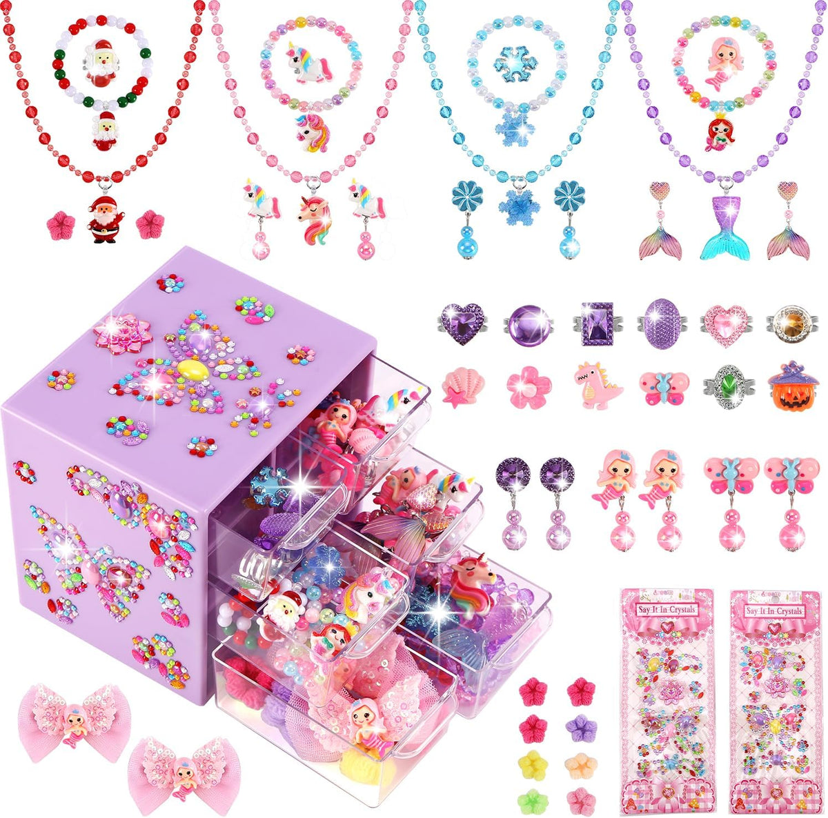 Drabac kids jewelry set with clip-on earrings, rings and necklaces in a purple organizer box - view 2