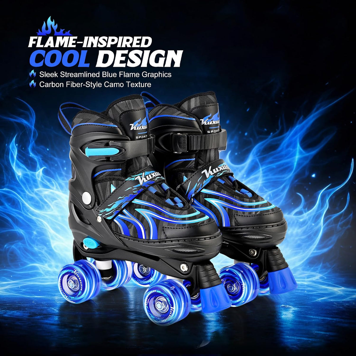 Kuxuan Adjustable Roller Skates with Fun Illuminating Rollerskate - Flame Blue / Small - Little Kid(10C-13C) - image 3