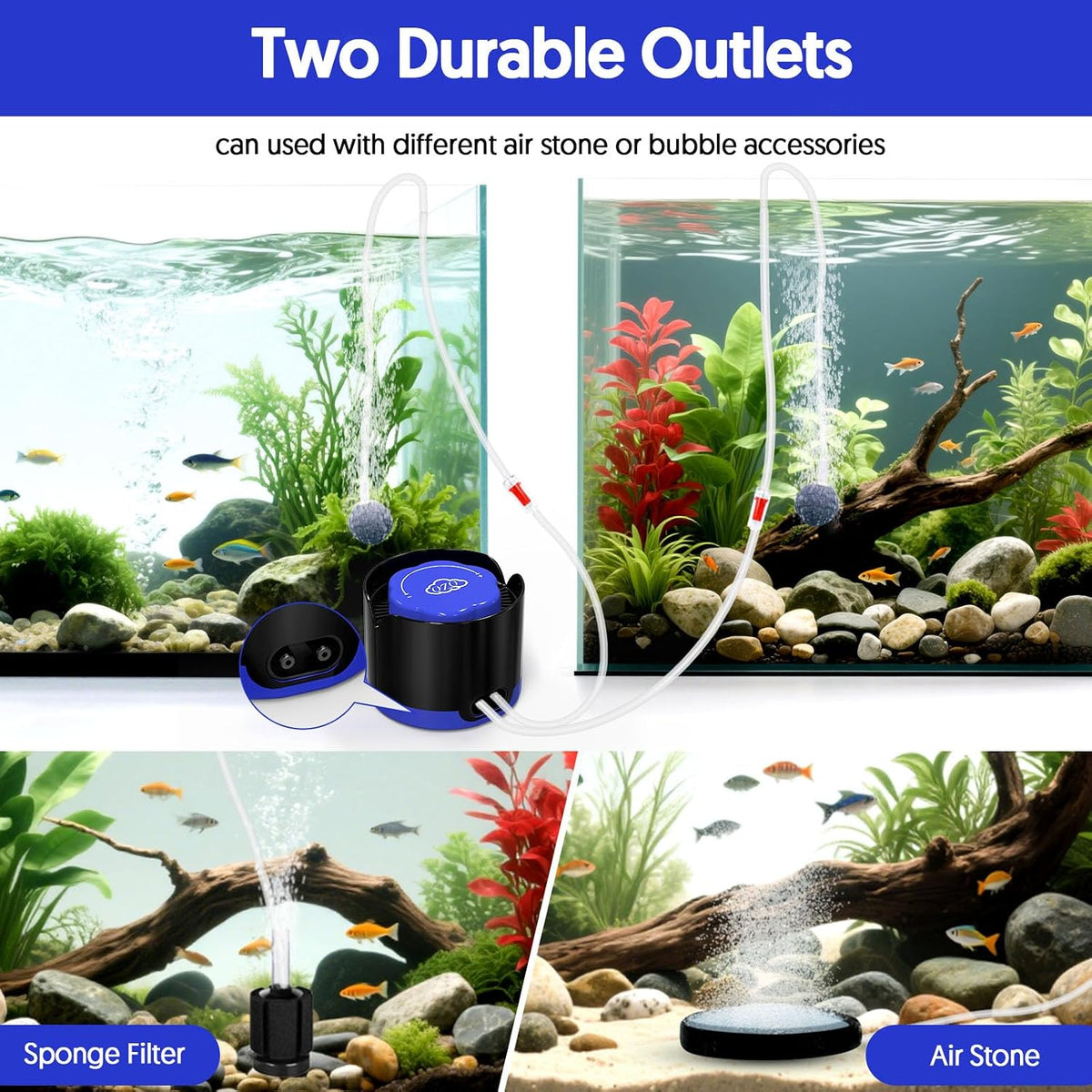 Aquarium Air Pump, Quiet Fish Tank Air Pump with Dual Outlets - 2.5W (Up to 40 Gallon) - image 4