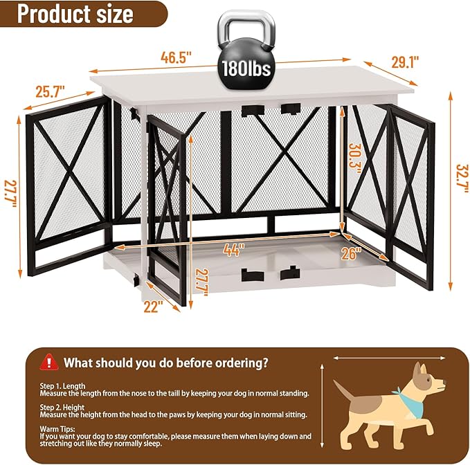 COZPAW Large Dog Crate Furniture - 48 inch Heavy Duty Dog Kennel Indoor for XLarge Breed with Double Doors, Wooden Dog Cage XL Modern Decorative End Table Pet House (White)