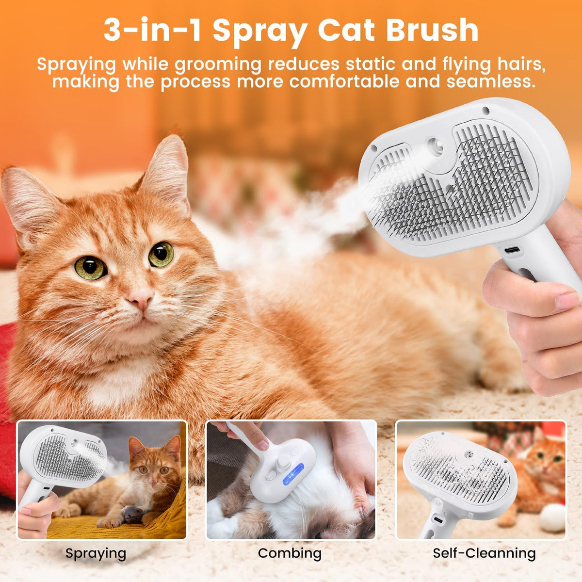 3-in-1 Self Cleaning Cat Brush for Indoor Cats & Dogs Shedding - White - image 2