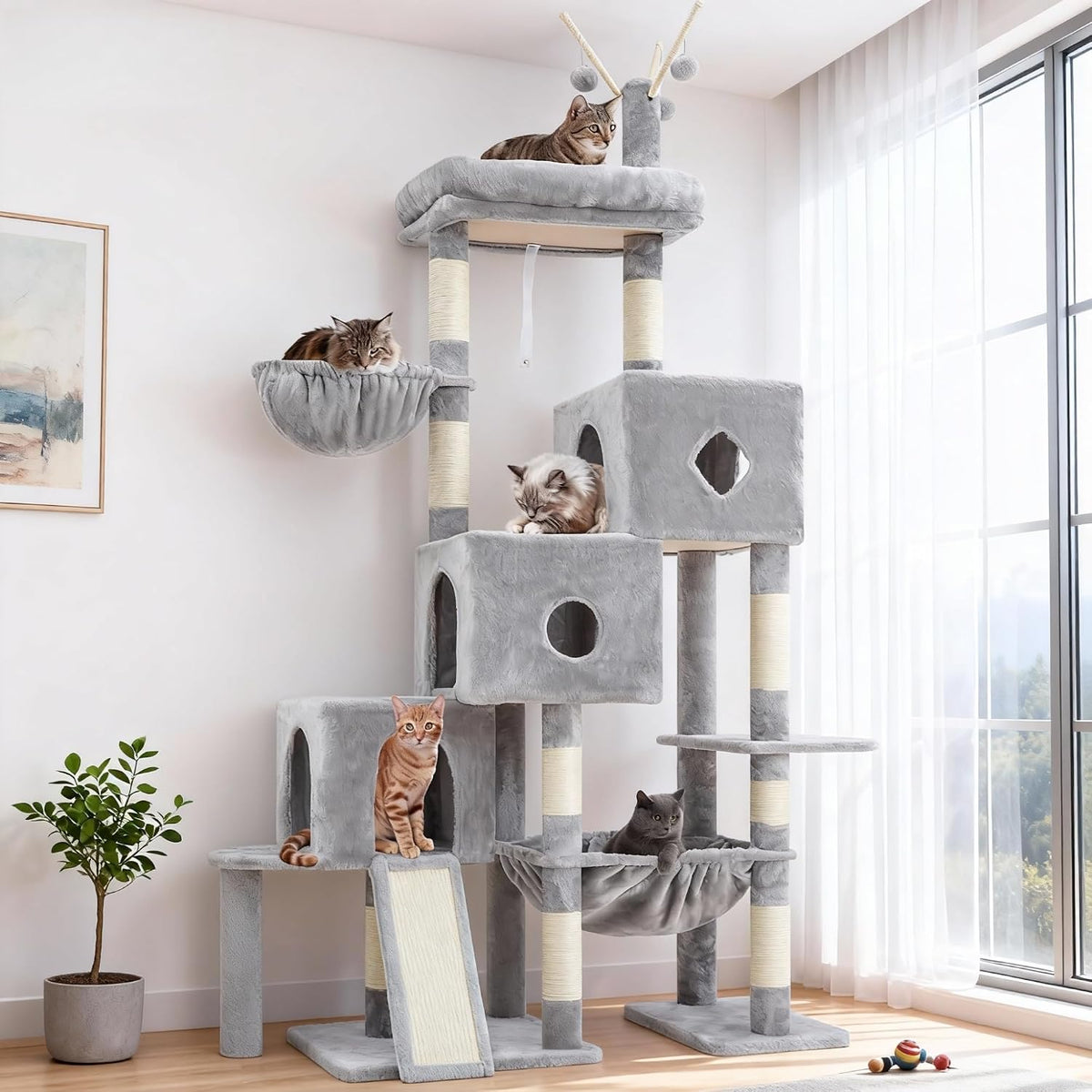 Hey-brother Cat Tree Tower with 3 Condos - 74.8 inches / Light Gray