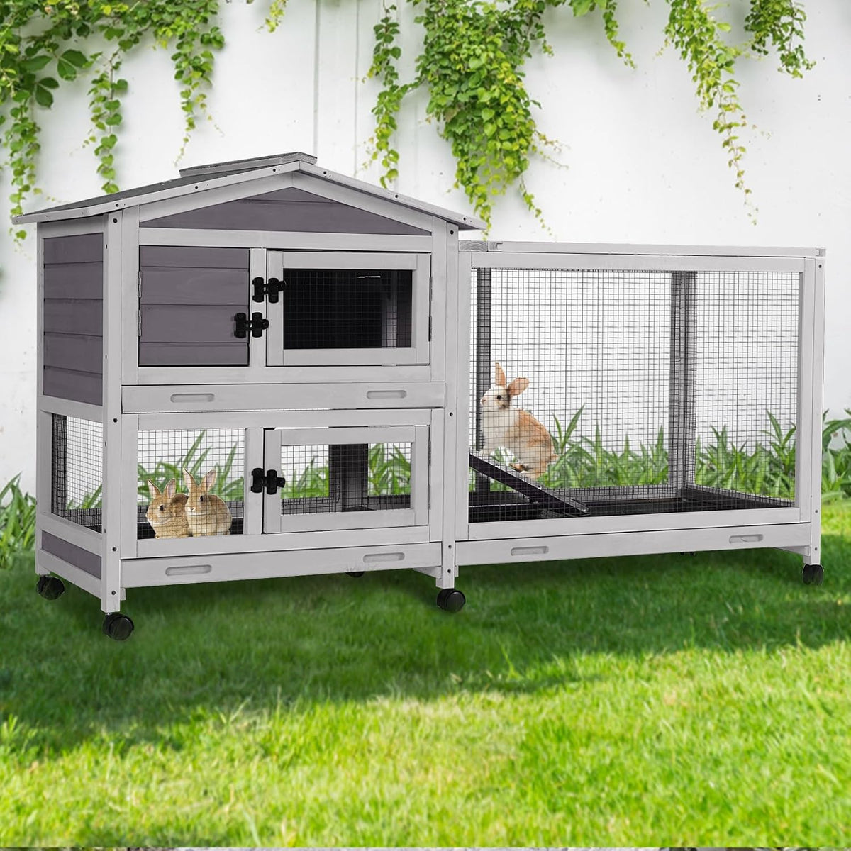 GUTINNEEN 2-Story Rabbit Hutch with Chew-Proof Full Metal Frame - Grey