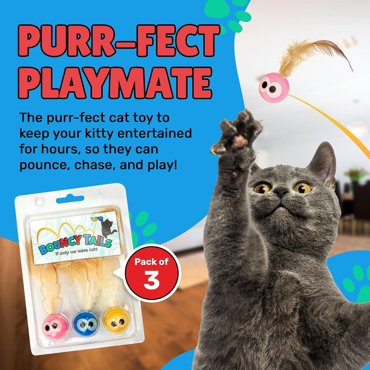 Bouncy Tails 3-Pack Cat Ball Toy with Natural Feathers - image 2