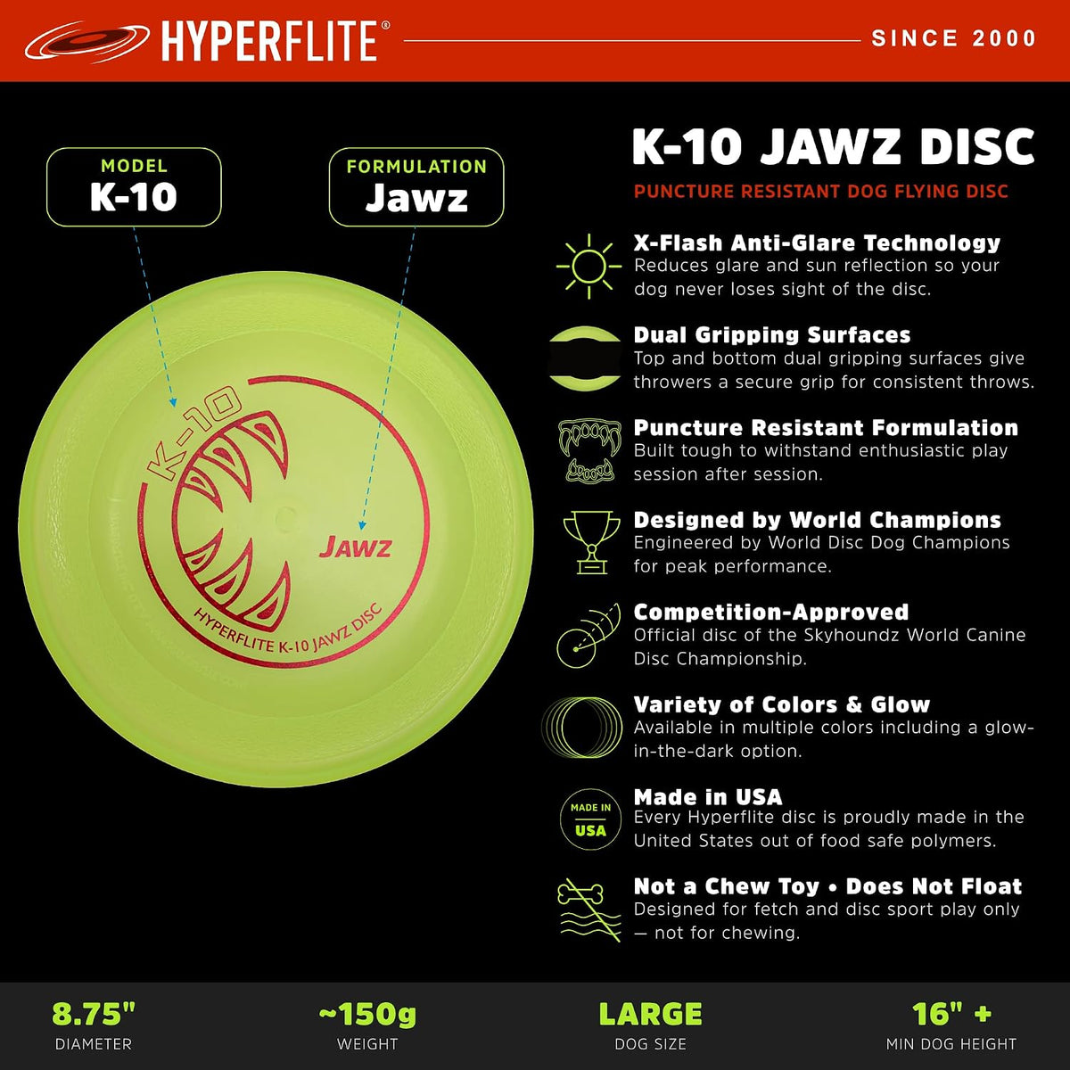 Hyperflite K-10 Jawz Puncture Resistant Dog Flying Disc - Midnight (Black) - image 3