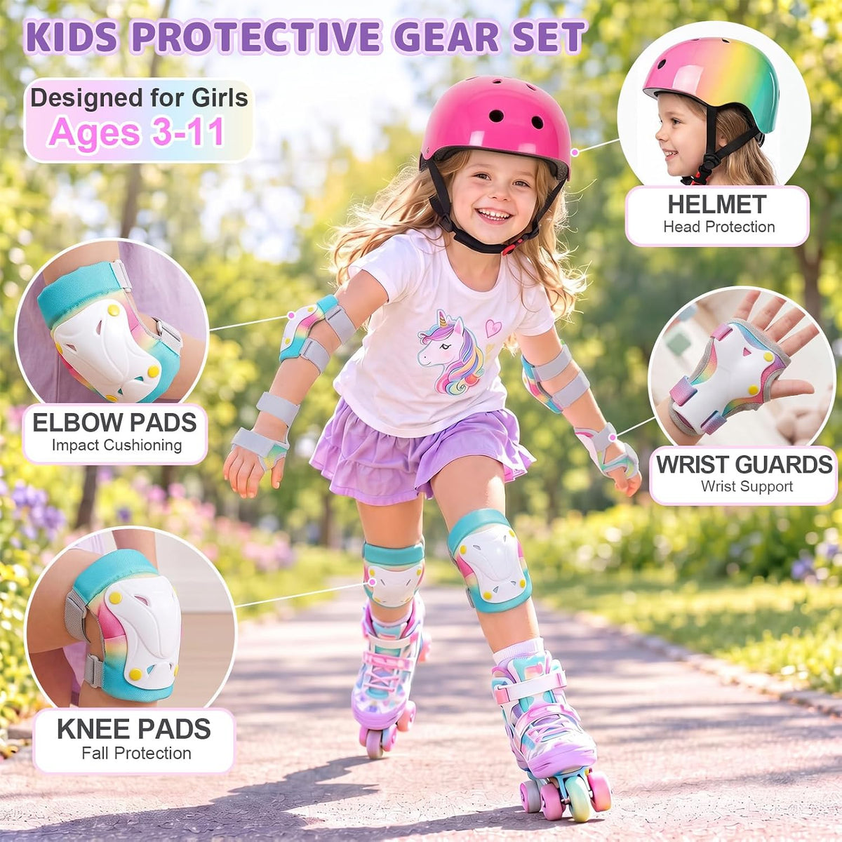 Unicorn Catcher Kids Helmet and Knee Pads Set - Pink Green / Small: 3-8 year - image 2
