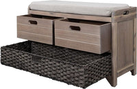 Storage Bench Removable Basket 2 Drawers Fully Assembled Acacia Wood Shoe Bench Standing Shoe Rack Removable Cushion for Living Room, Entrance Hallway, No Assembly Required White Washed