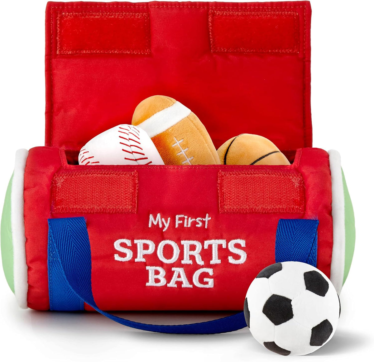 Kidaddle Kid's First Sports Bag with plush football, soccer ball and baseball toys