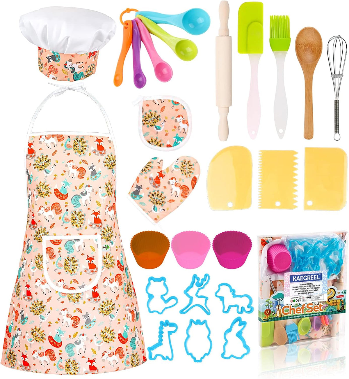 KAEGREEL Kids Baking Chef Set with Unicorn Apron and Mitt - 3 Animal Apron +6 Animal Model Cookie Cutters