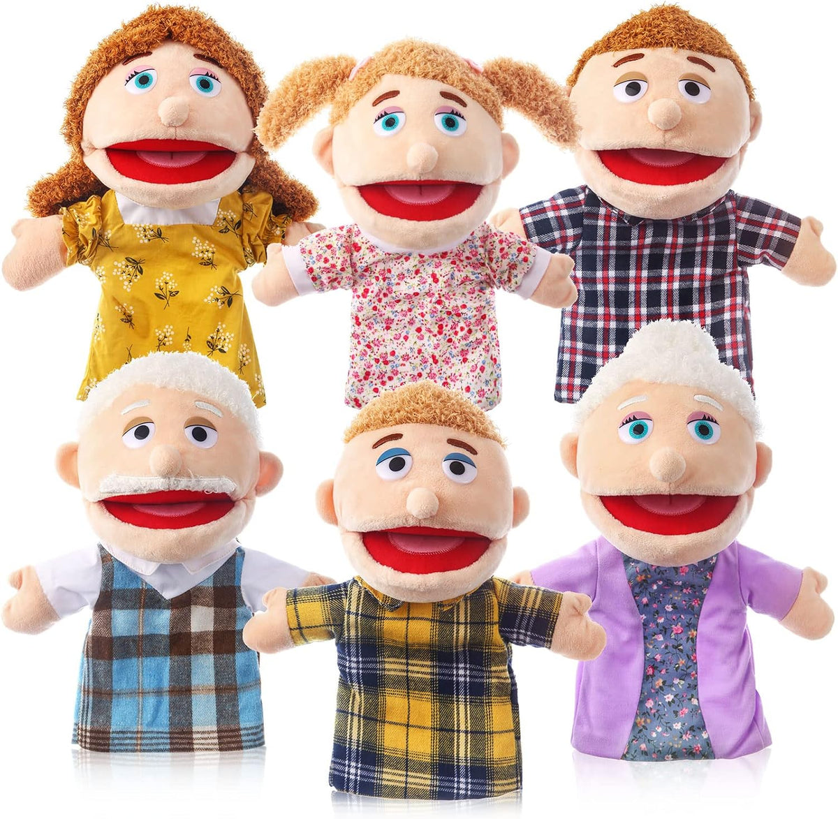 6 Pcs Family Hand Puppets 12 Inch Grandparents, Mom & Dad - 6 Family A