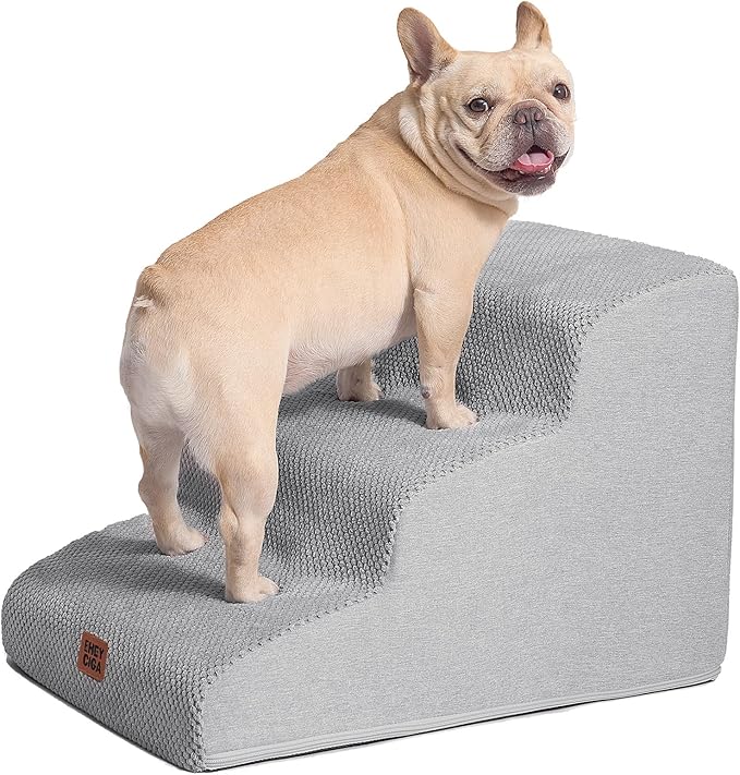 EHEYCIGA Curved Dog Stairs Ramp for Small Dogs 15.7" H, 3-Step Dog Steps for Couch Sofa and Chair, Pet Stairs for Cats, Non-Slip Balanced Pet Steps Indoor, Light Grey