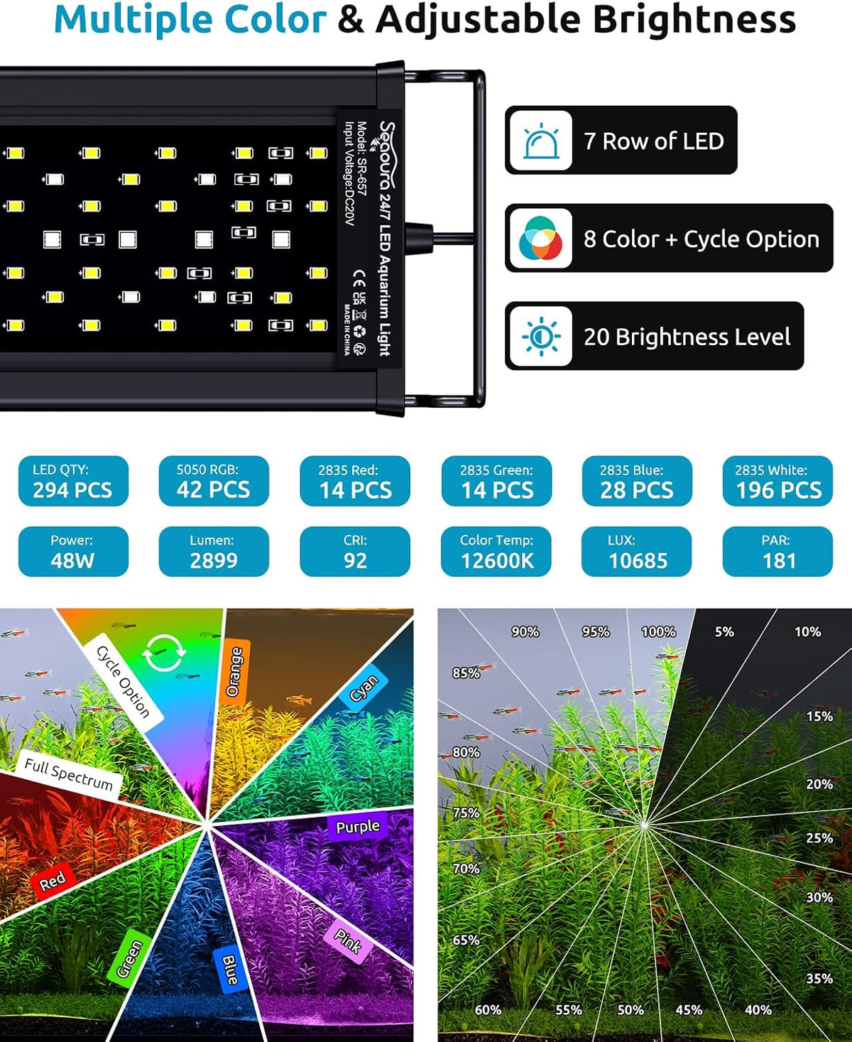 SEAOURA LED Aquarium Light with 24/7 Timer for 18-24in Fish Tank – Essentials for Fish - For 48-54in Tank - image 2