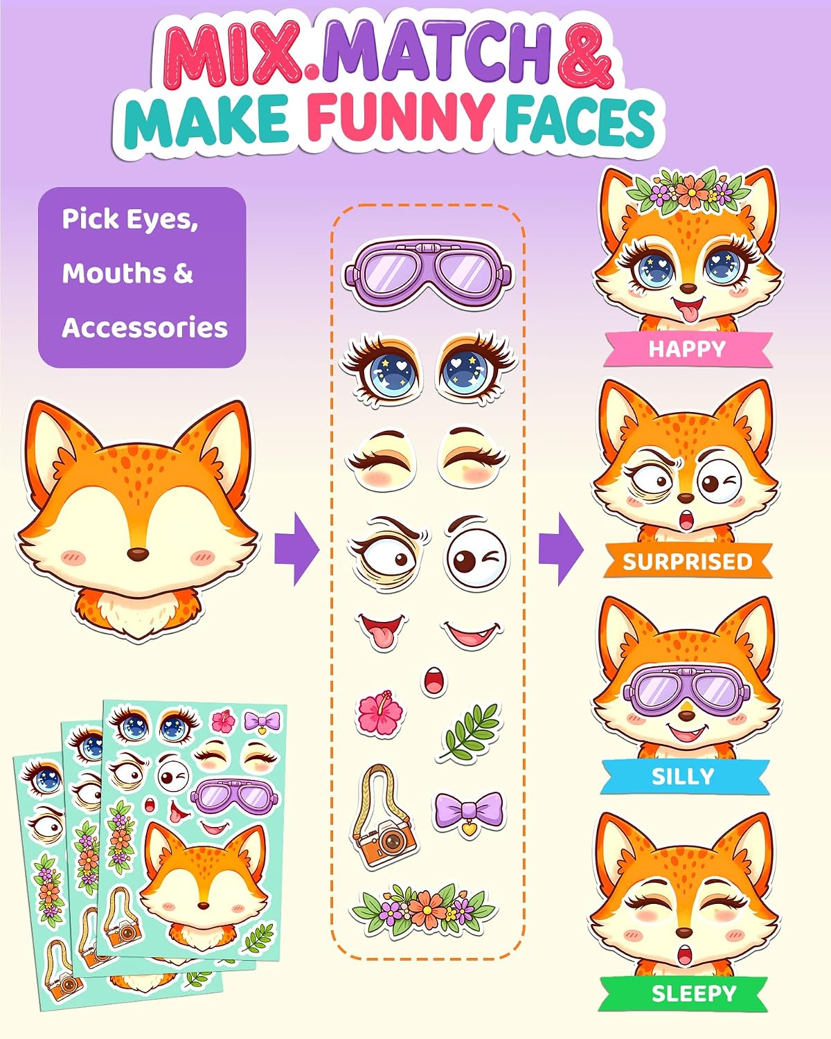 Halloween Stickers for Kids, 24 DIY Face Sheets - Cute Animals - image 3