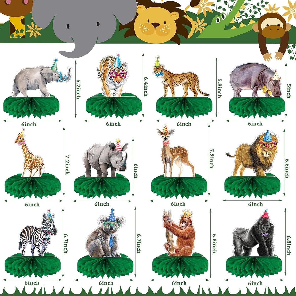 Yeaqee 12 safari animal honeycomb centerpieces with giraffe and monkey - view 4