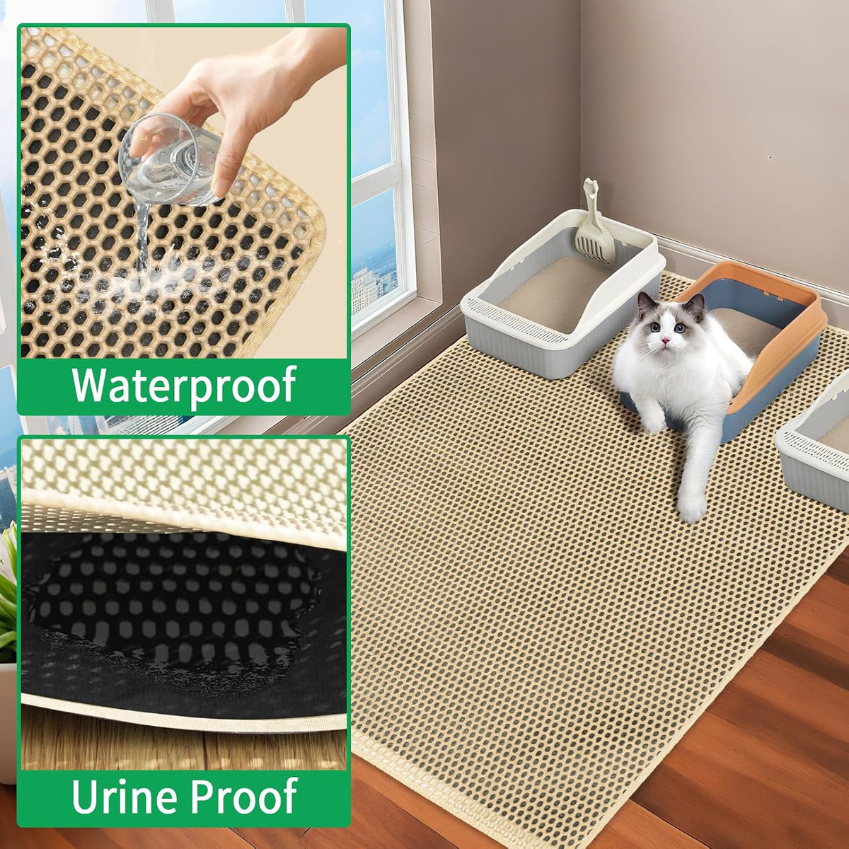 GRELY Cat Litter Mat,XL47''X 28'' Extra Large Litter Trapping Mat Kitty Rug – Daily Care for Cats - Khaki / 1'10" x 2'8" (M) - image 4