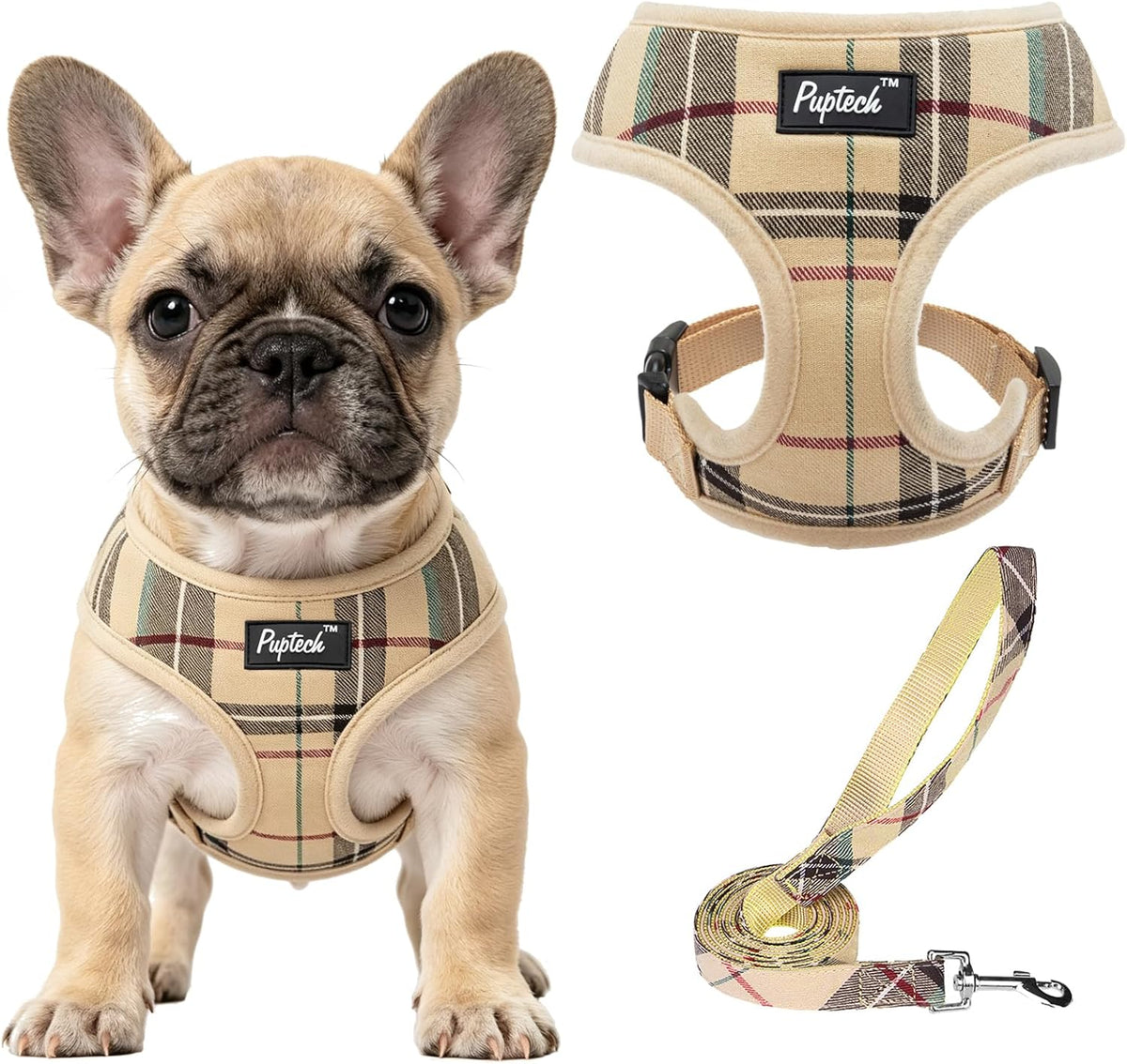 Pupteck Soft Mesh Dog Harness Sized and Leash Set Pet Puppy Cat - Beige / M (NECK: 14", CHEST: 17"-21") / Classic over-the-head harness