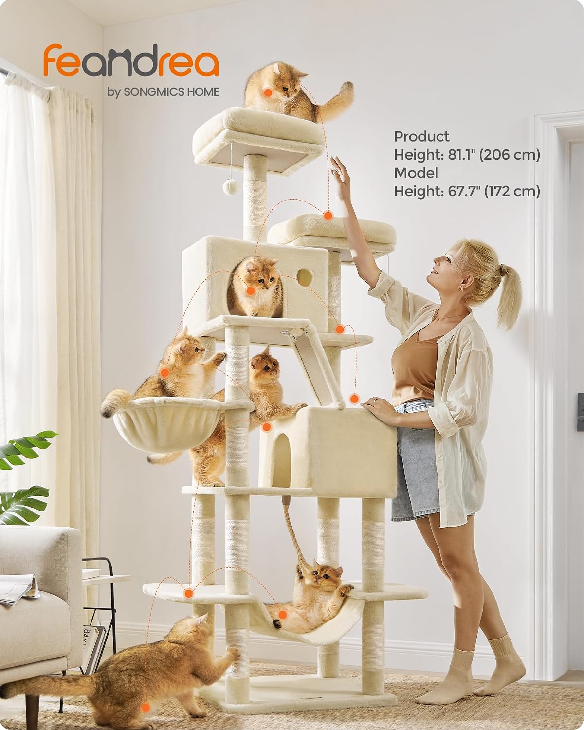 Feandrea Cat Tree, Multi-Level Condo - Beige / XXL (23.6"L x 19.7"W x 81.1"H) - image 2