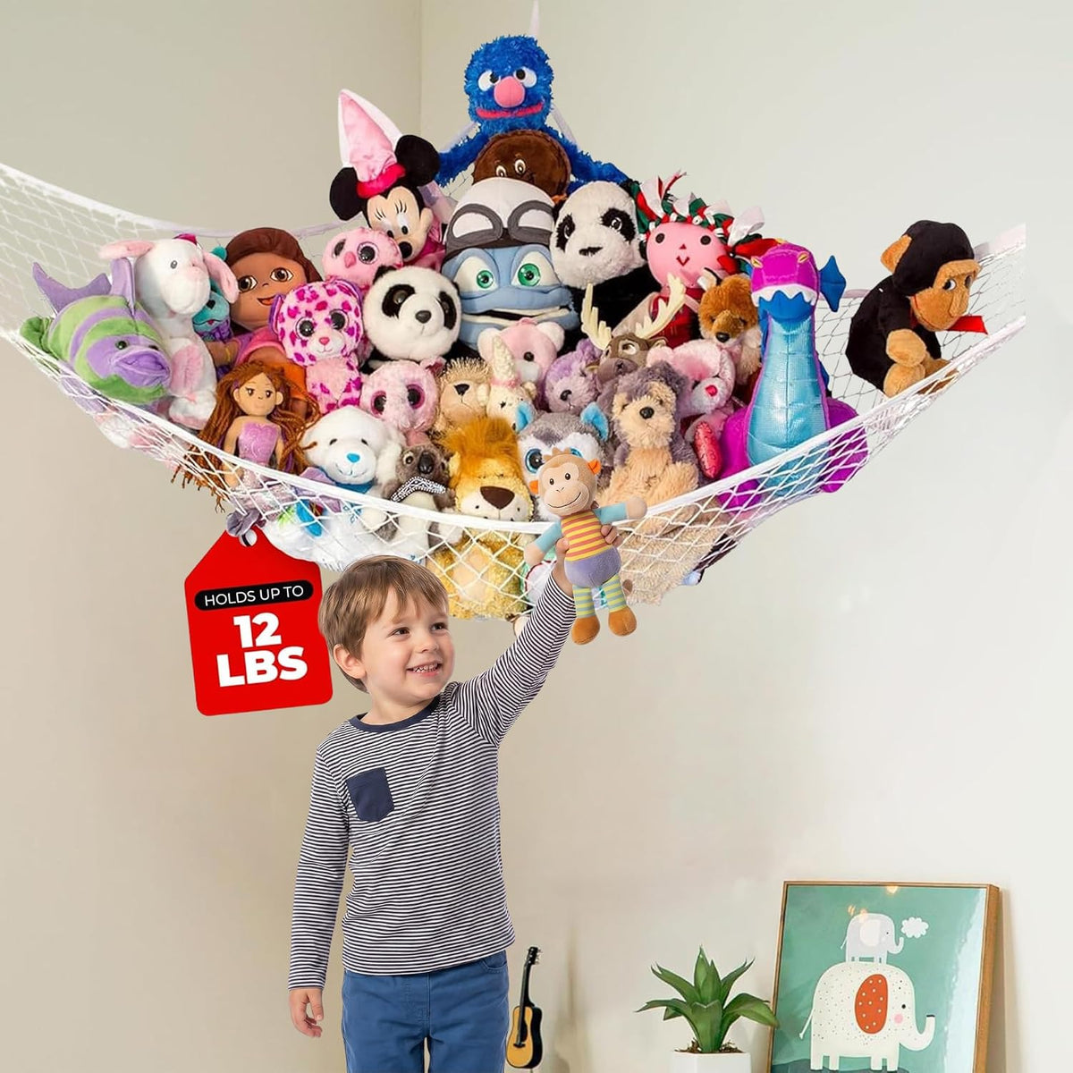 Lilly's Love white macrame stuffed animal hammock hanging in a bedroom corner - view 5