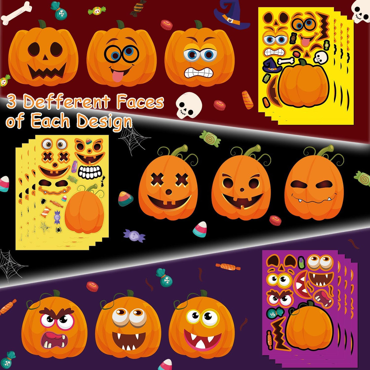 Aowplc 56 Halloween Pumpkin Make-a-Face Sticker Sheets for Kids - Pumpkin - image 4