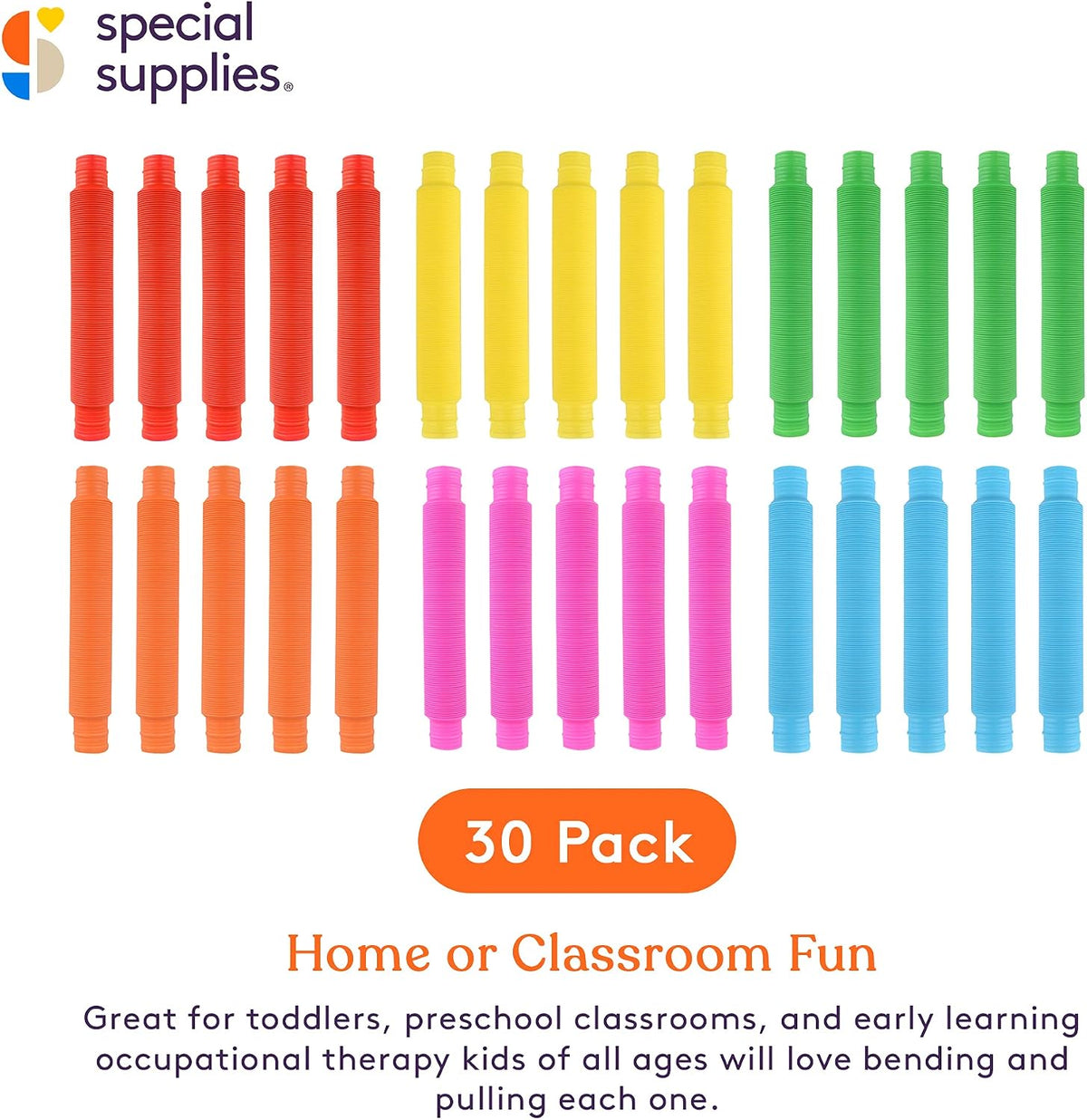 Special Supplies Fun Pull and Stretch Tubes for Kids, Pop, Bend - 30-Pack Primary Colors - image 2