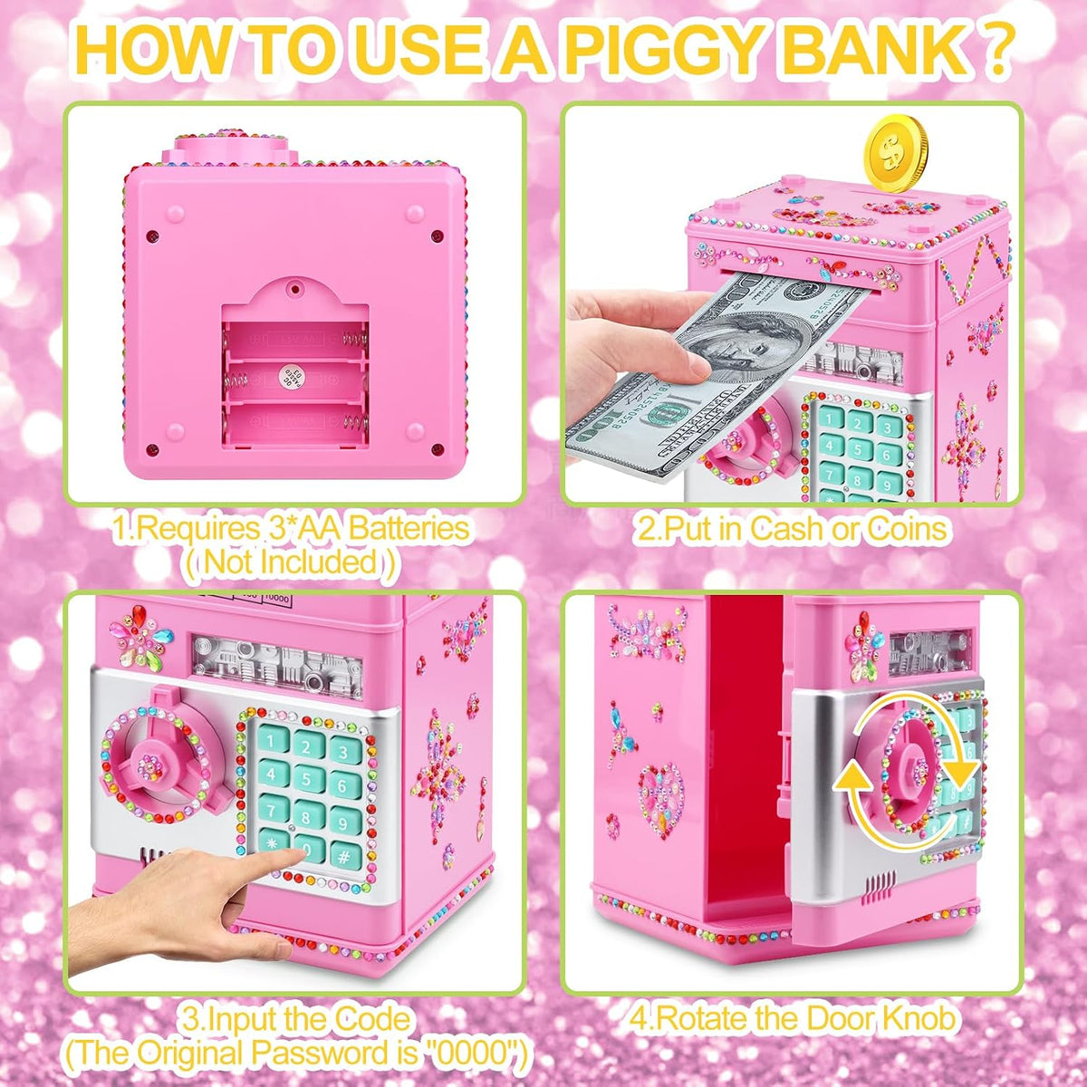 Piggy Bank for Kids Girls Boys with Password Code Lock Cash Coin Can - Pink - image 4
