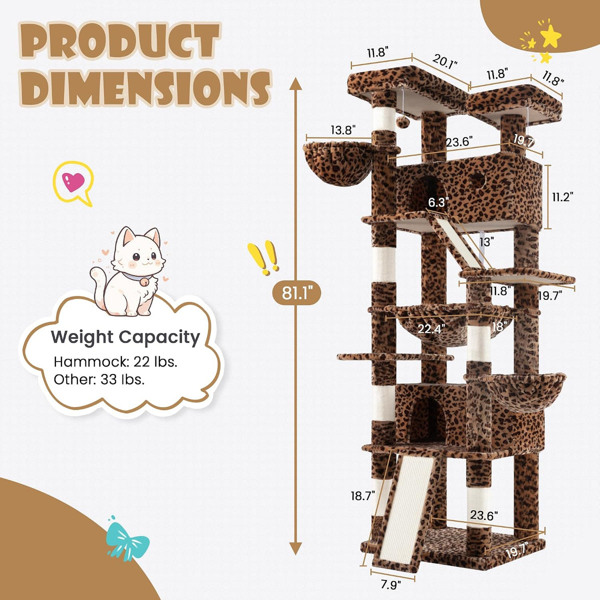 SHA CERLIN 81in Multi-Level Tall Cat Tree Tower for Indoor - Leopard Print - image 2