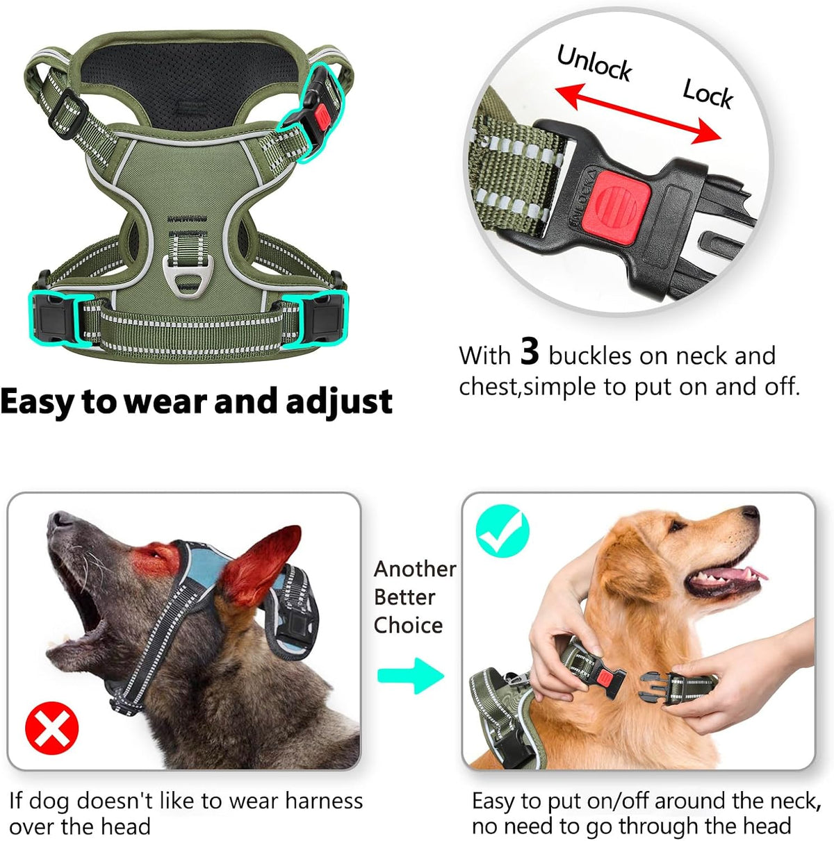 Timos Dog Harness, No Pull Large Sized with 3 Buckles - Medium / Lock Green - image 4