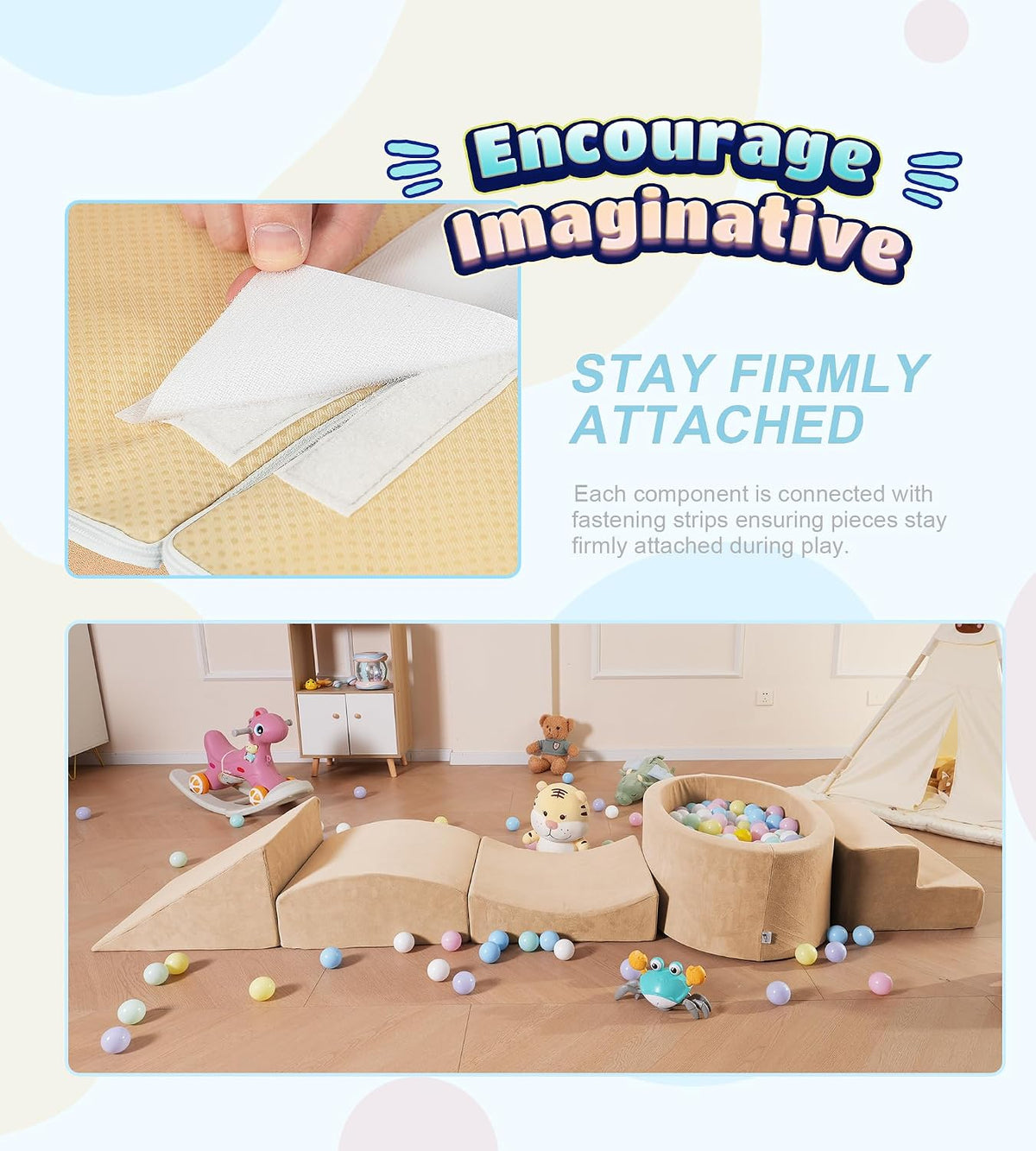 Elftopia foam climbing blocks with ball pit, stair climber and triangle wedge in beige - view 19