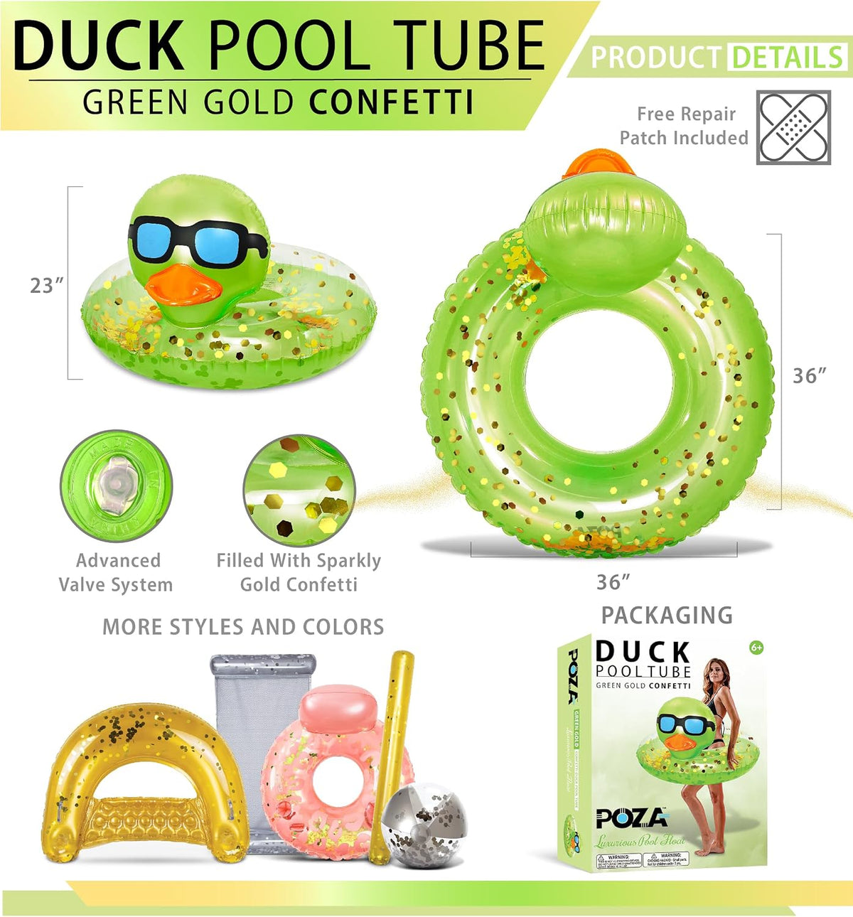 POZA inflatable duck pool float tube with gold confetti, sunglasses and orange beak - view 13