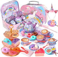 Quiet Flower 55 piece unicorn tea party set with teapot, cups, cake stand and storage box