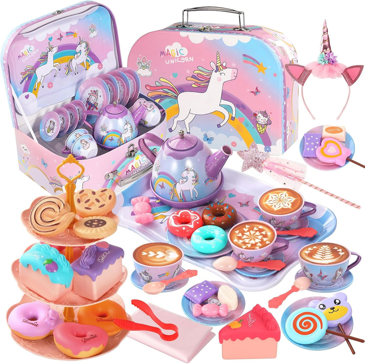 Quiet Flower 55 piece unicorn tea party set with teapot, cups, cake stand and storage box