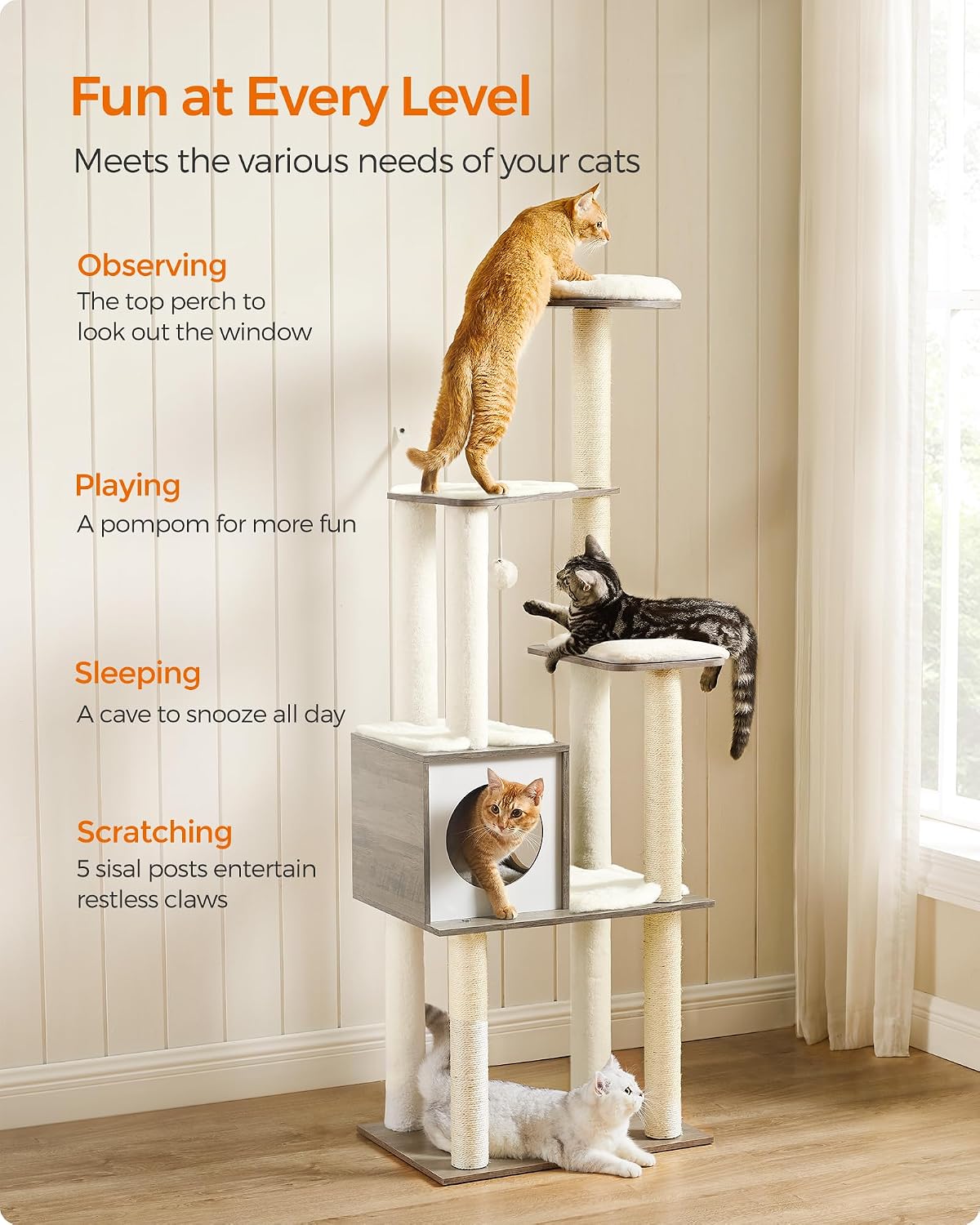 Feandrea Cat Tree, 64.6-Inch Multi-Level Tower with 5 Scratching Posts – Essentials for Cats - Heather Greige - image 3