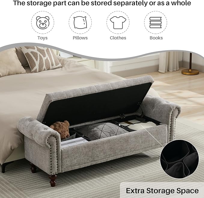 58.1'' Storage Bench Upholstered Chenille End of Bedroom Bed Bench Ottoman with Tufted Cushioned Rolled Arm Large Storage Space for Reading Living Room Entryway, Light Grey