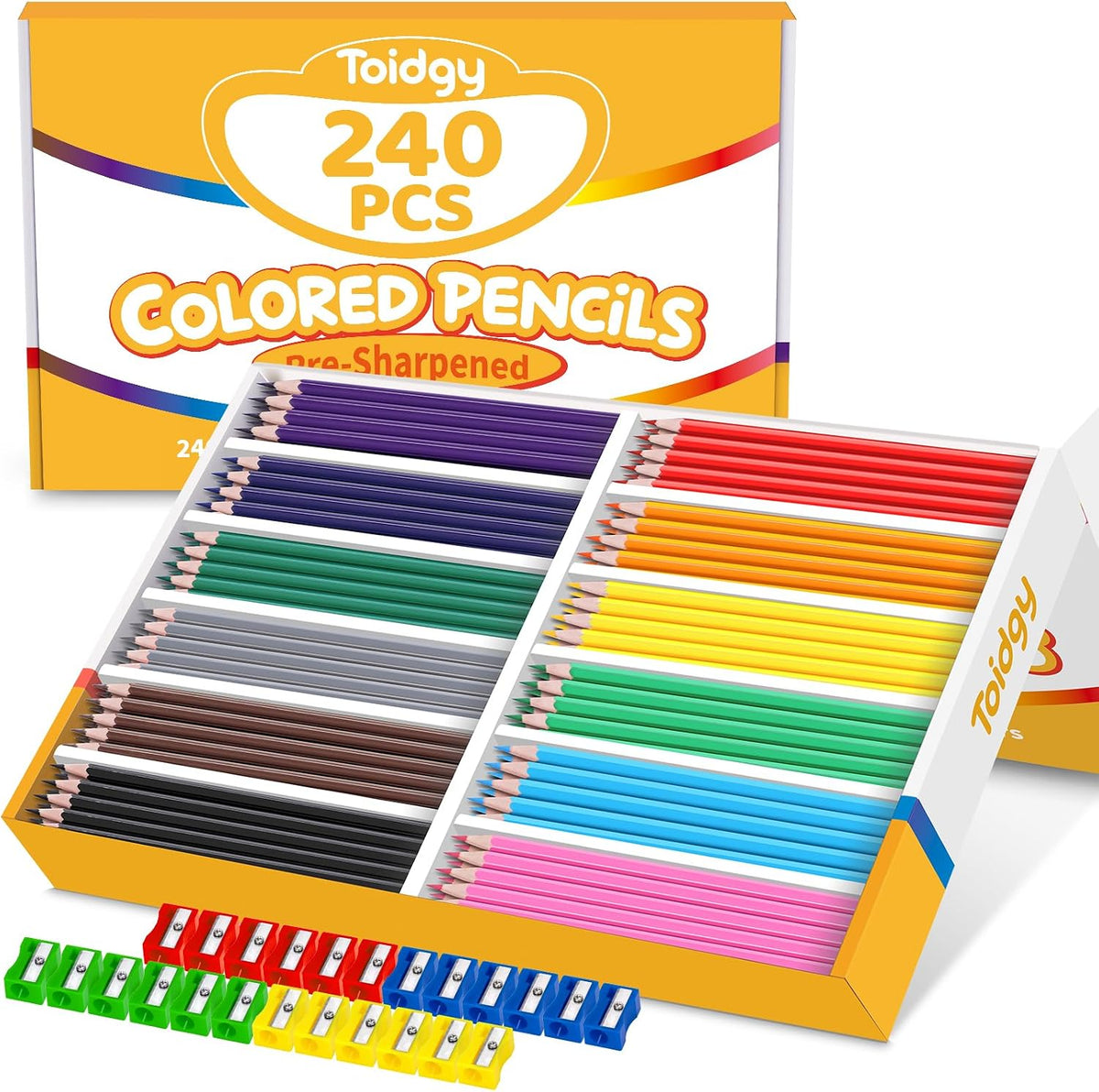 Toidgy 240 colored pencils bulk for classroom with 12 colors and 24 pencil sharpeners