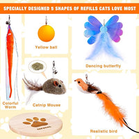 JXFUKAL Interactive cat Toy, Automatic Cat Wand Toy with Stable Wooden Base, 2 PCS Detachable Cat Teaser, 5PCS Refills Replacement & Hanging Cat Toy, Kitty Kitten Toys Cat Feather Spring String Toy