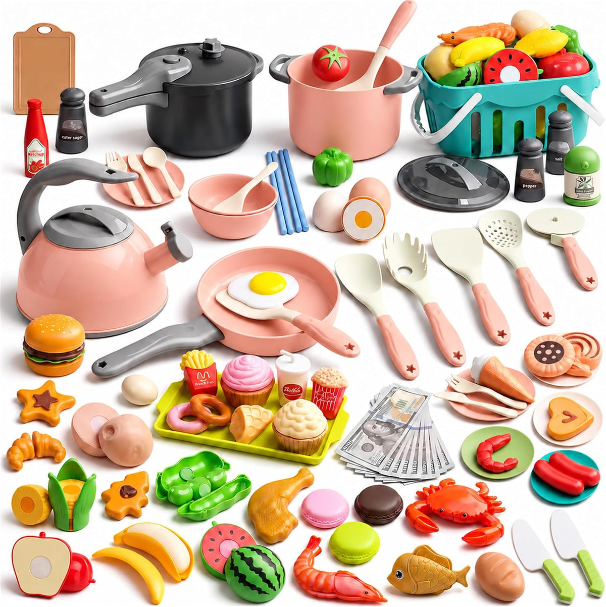 130Pcs Kitchen Playset, Toddler Pretend Cooking Play Pots, Pans - Pink / 130 Pcs