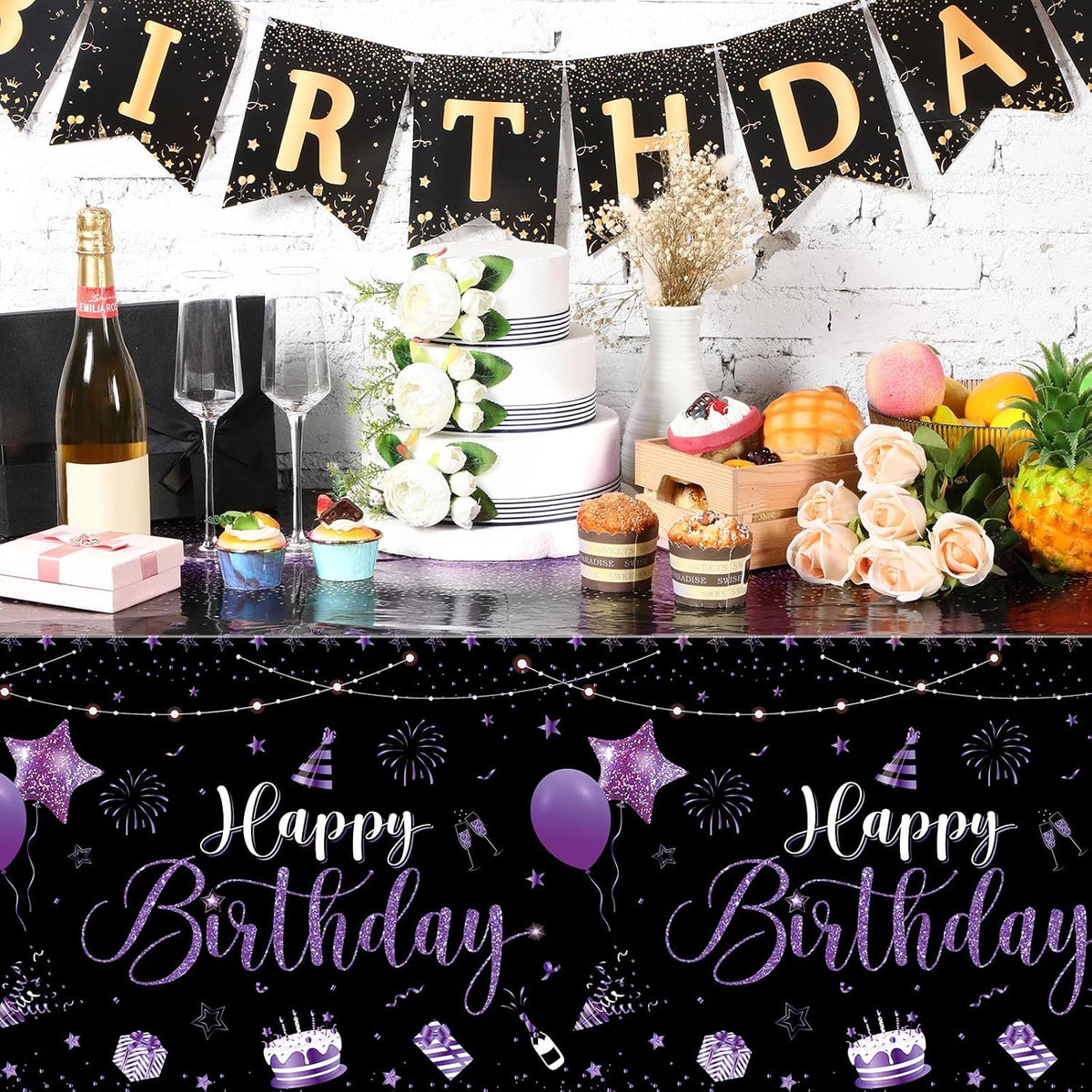 Tudomro 3 Pcs Plastic Happy Birthday Party Tablecloths - Black Purple / 3 - image 4