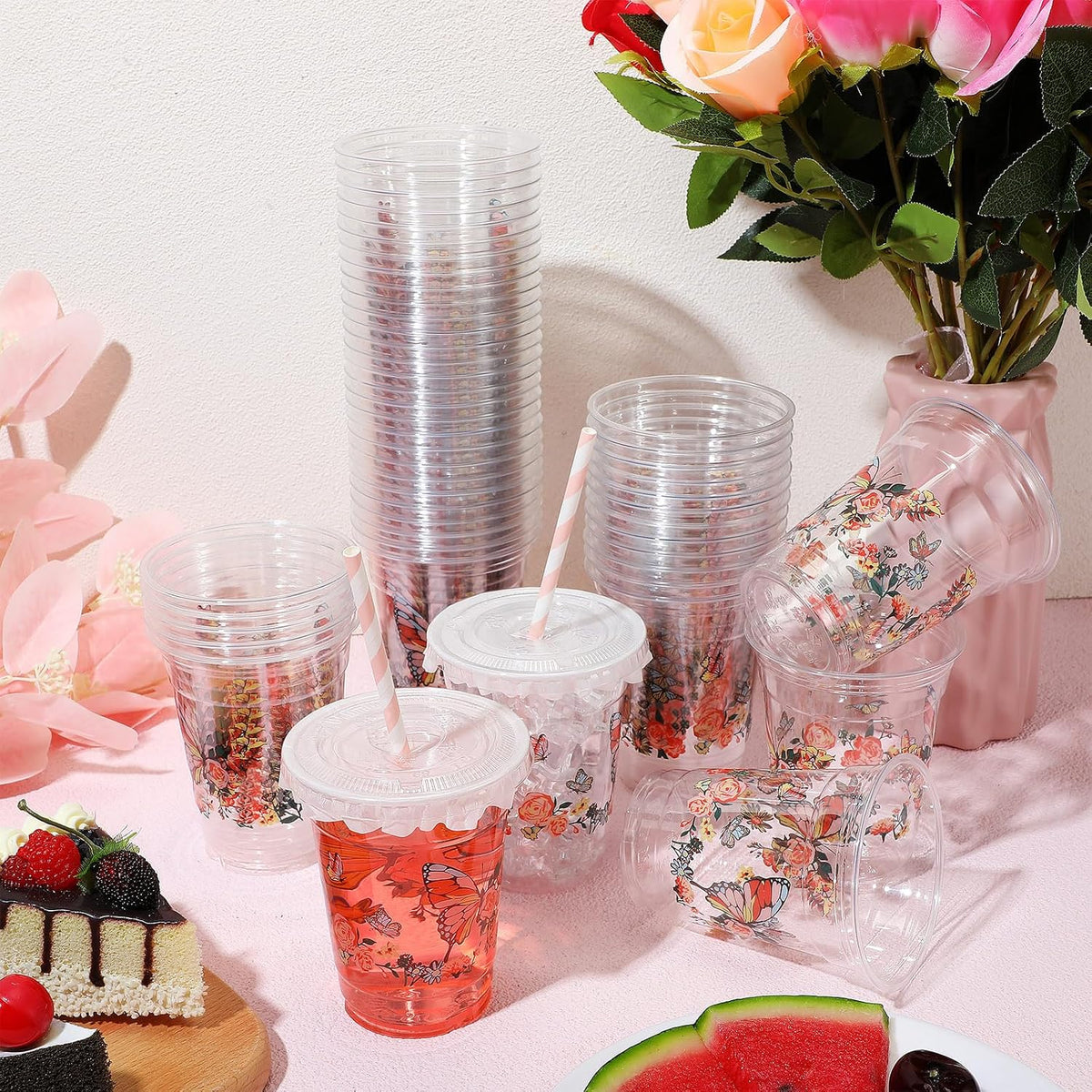 Teenyyou 12 oz clear plastic party cups with dirt bike design, lids and paper straws - view 10