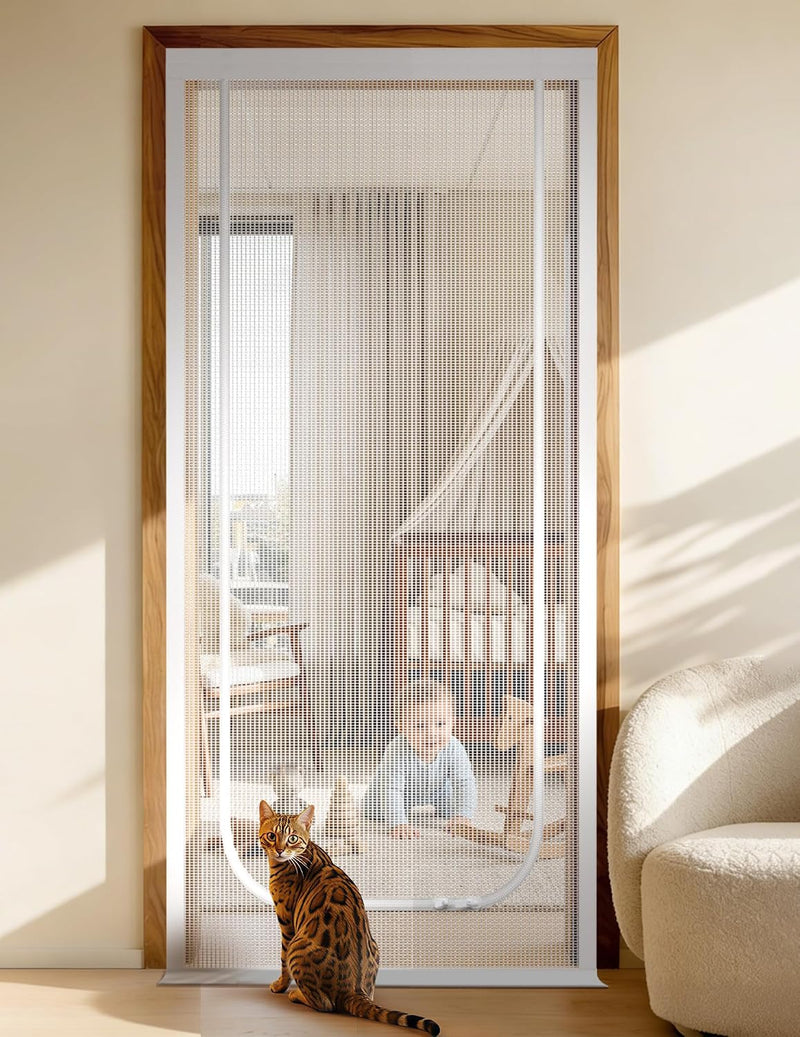 BFNN Cat Screen Door, Scratch Resistant Mesh Gate - White, U-shaped / Up to 32''x 80'' (Fits Door Opening Size)