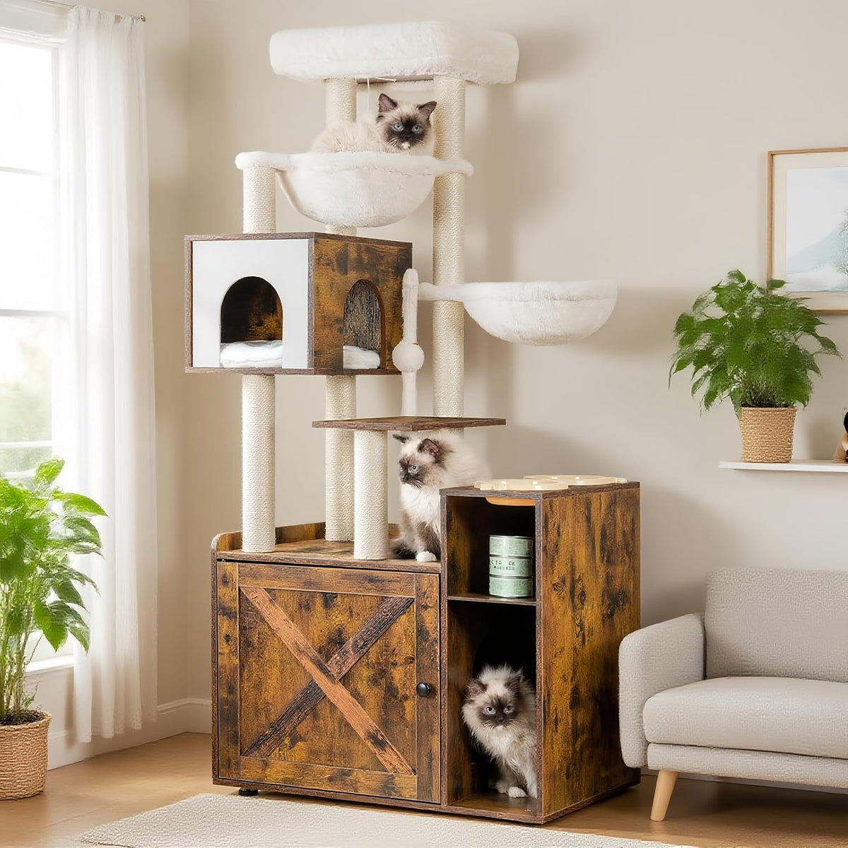 Hey-brother Cat Tree Tower - XL (28.4"×17.7"×61.0") / Rustic Brown