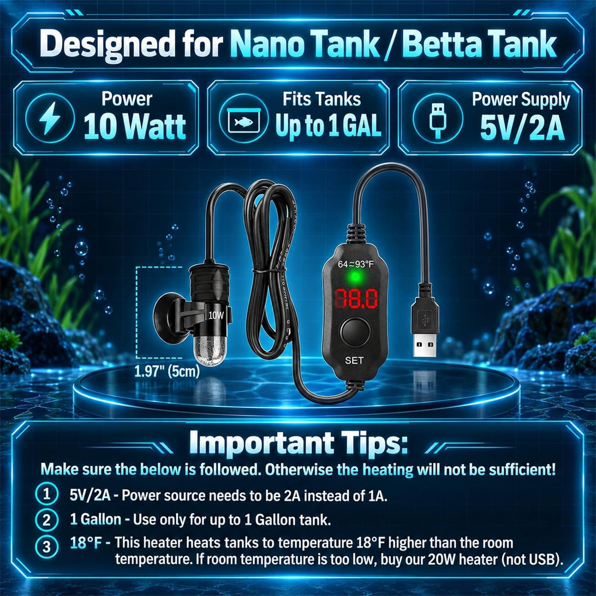 AquaMiracle 5V/2A USB 10W Super Mini Aquarium Heater for Tanks up - ≤ 1 Gal Tanks - image 3