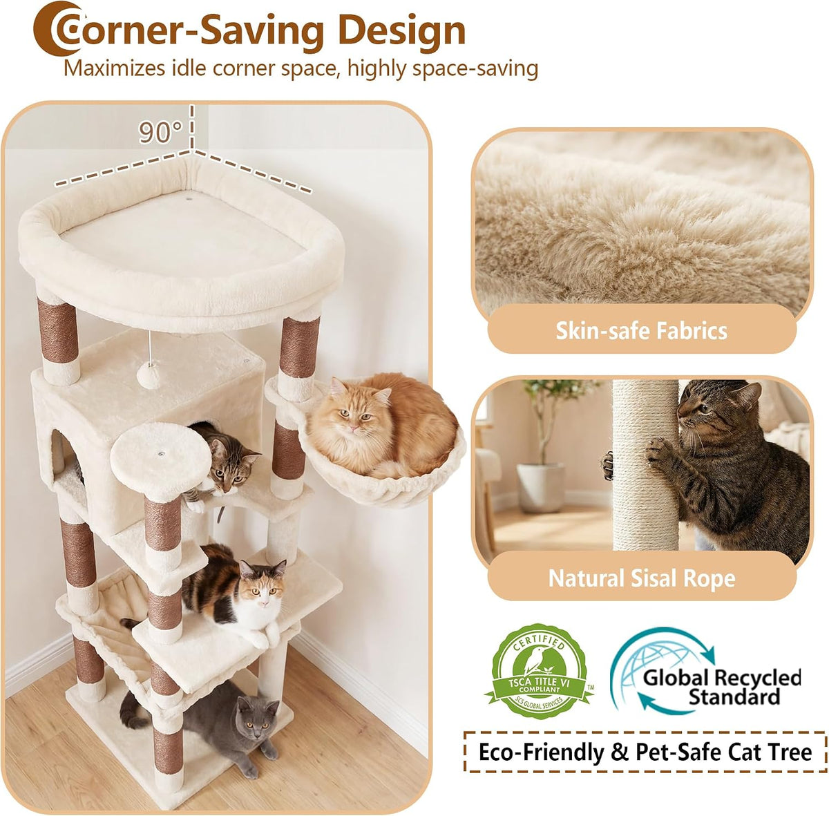 Heybly 53.1" Corner Cat Tree for Large Cats - Beige / 53 inch - image 4