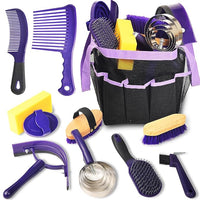 Horse Grooming Kit - 11 Piece Bathing Supplies with Organize Bag, Full Body Kit Including Sweat Scraper, Bath Sponge, Hoof Pick, Massage Comb (Purple)